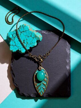 Handmade! Bronze Leaf + Stone Statement Necklace - Forest Witch - Earth Mother